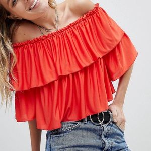 Off The Shoulder Ruffle Crop Top Red